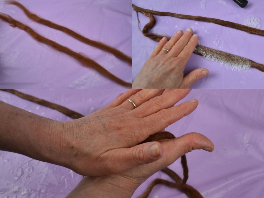 Felting three long pieces of roving wool.