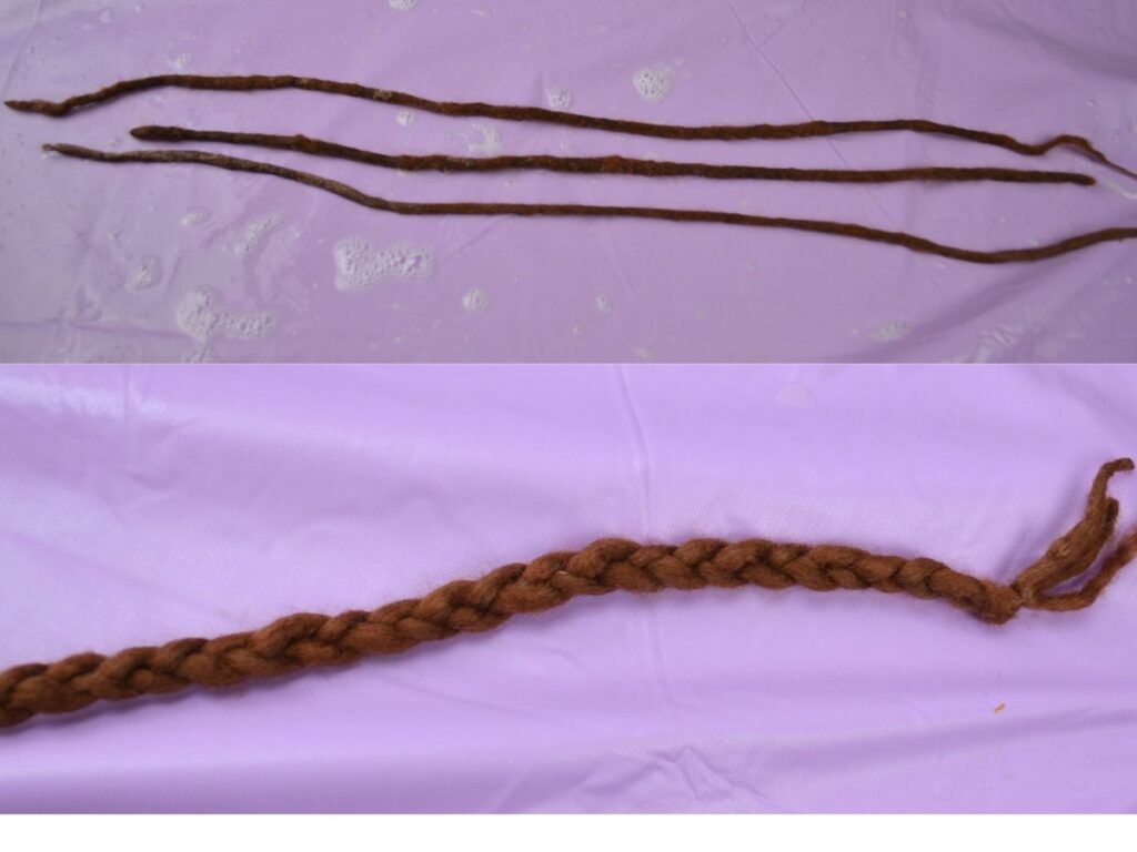Three wet-felted strips of wool.
And then the pieces braided together.