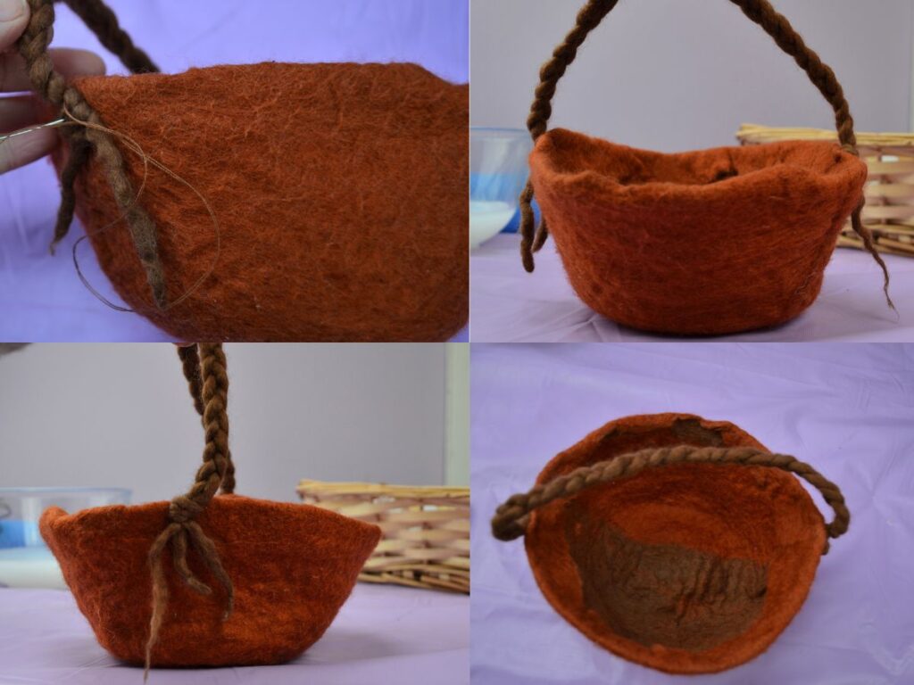 Sewing a felted braid to a felted basket.