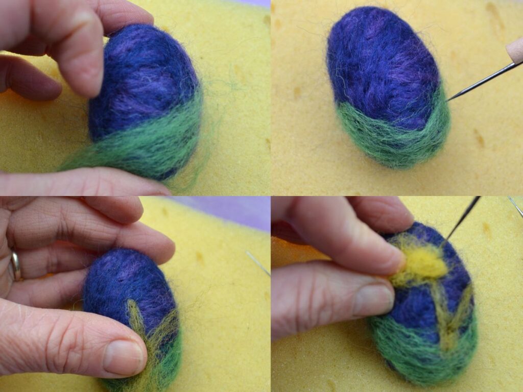 Decorating a needle felted easter egg with flowers.