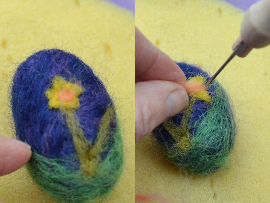 Decorating a needle felted easter egg with flowers.