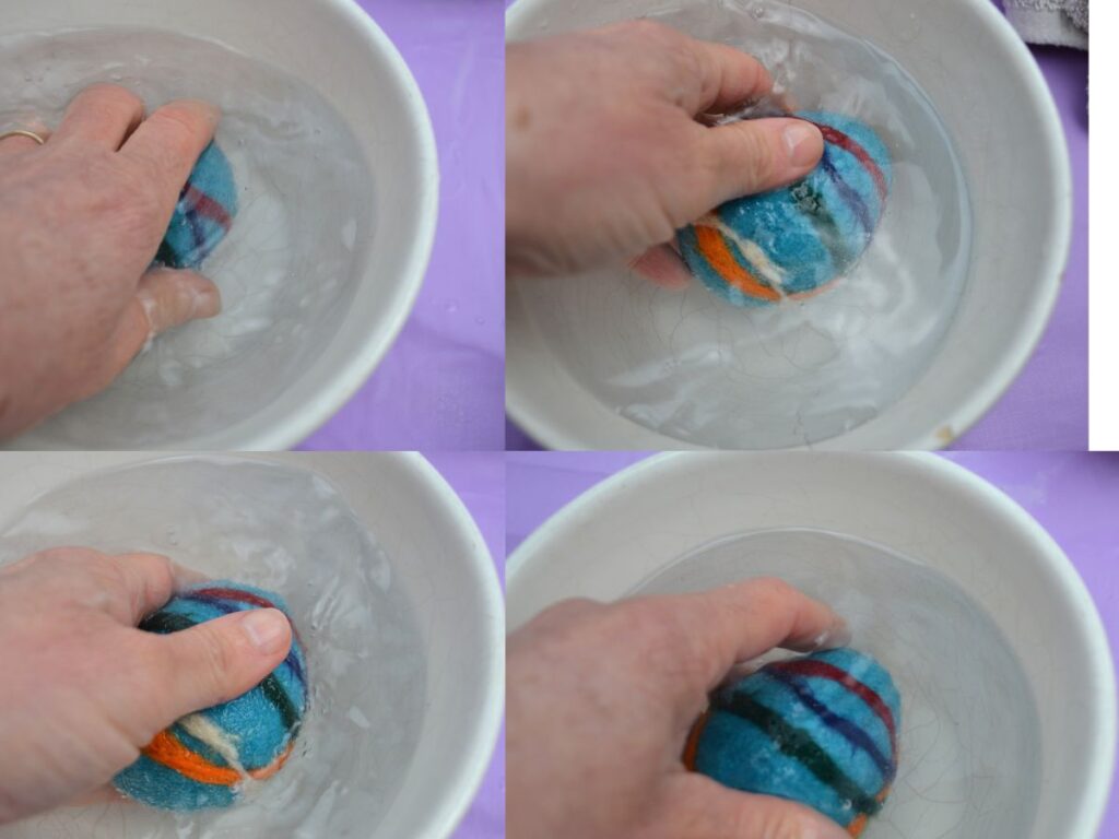 Soaking a Felted easter egg in a bowl of cold water and a bowl of hot water.