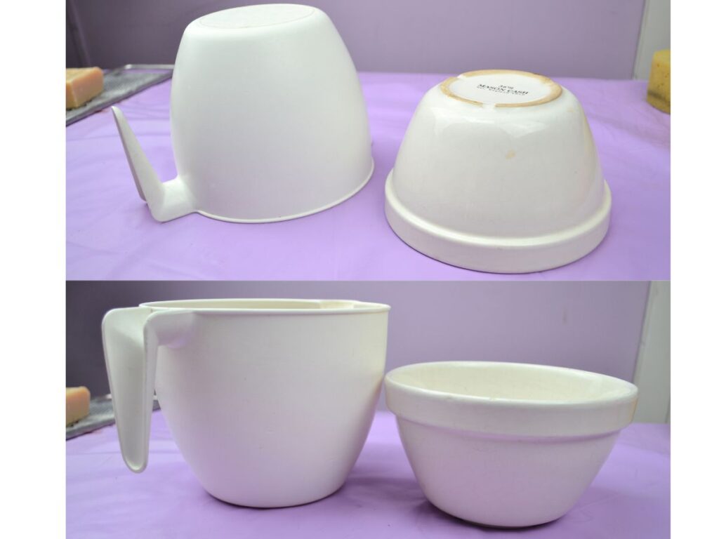 Two bowls upside down and standing.