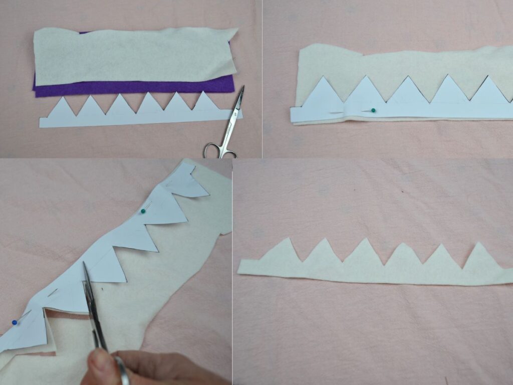 4 pictures showing how to cut a crown pattern onto felt.