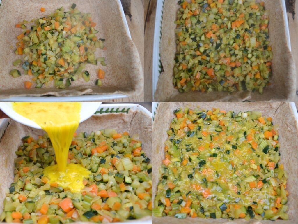 Vegetable mix on a pastry in a tart pan.