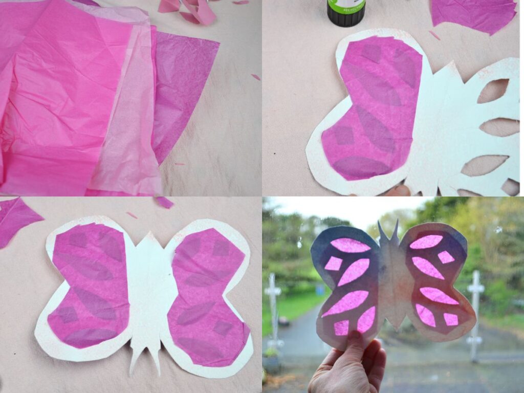 Tissue paper is being glued to a paper butterfly.