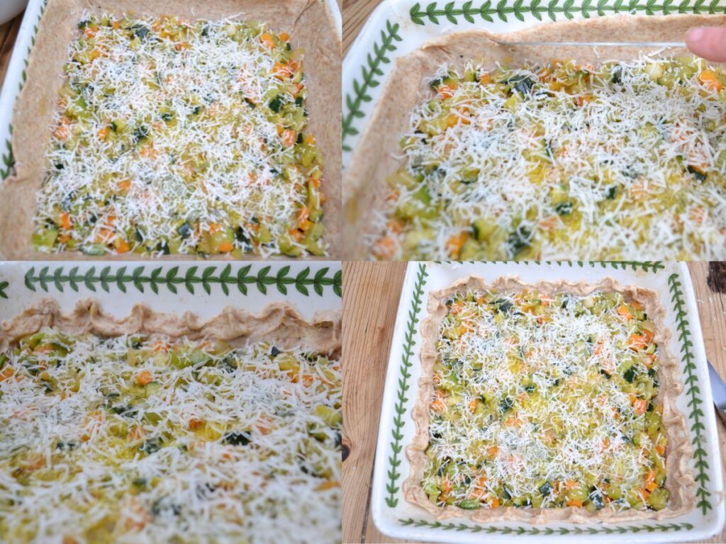 Summer Spelt tart with Parmesan cheese sprinkled over it.