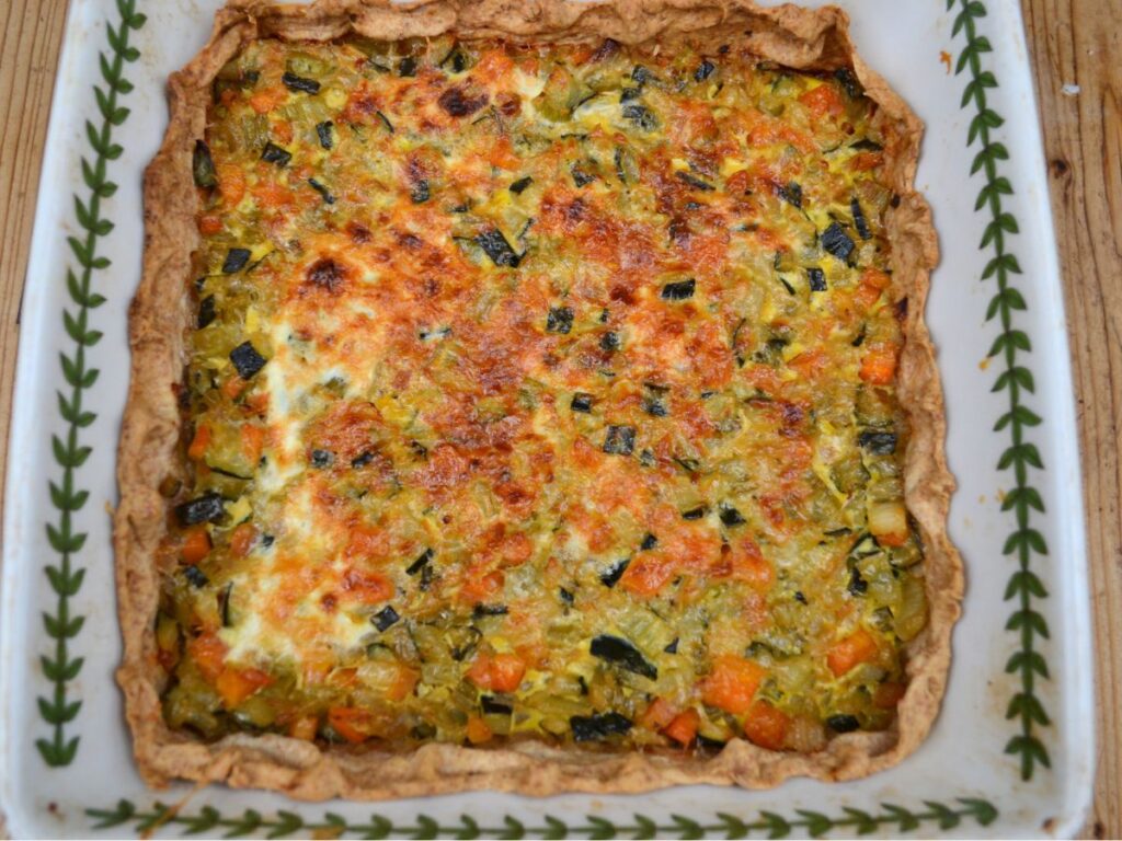 Summer wholemeal spelt crust vegetable tart.