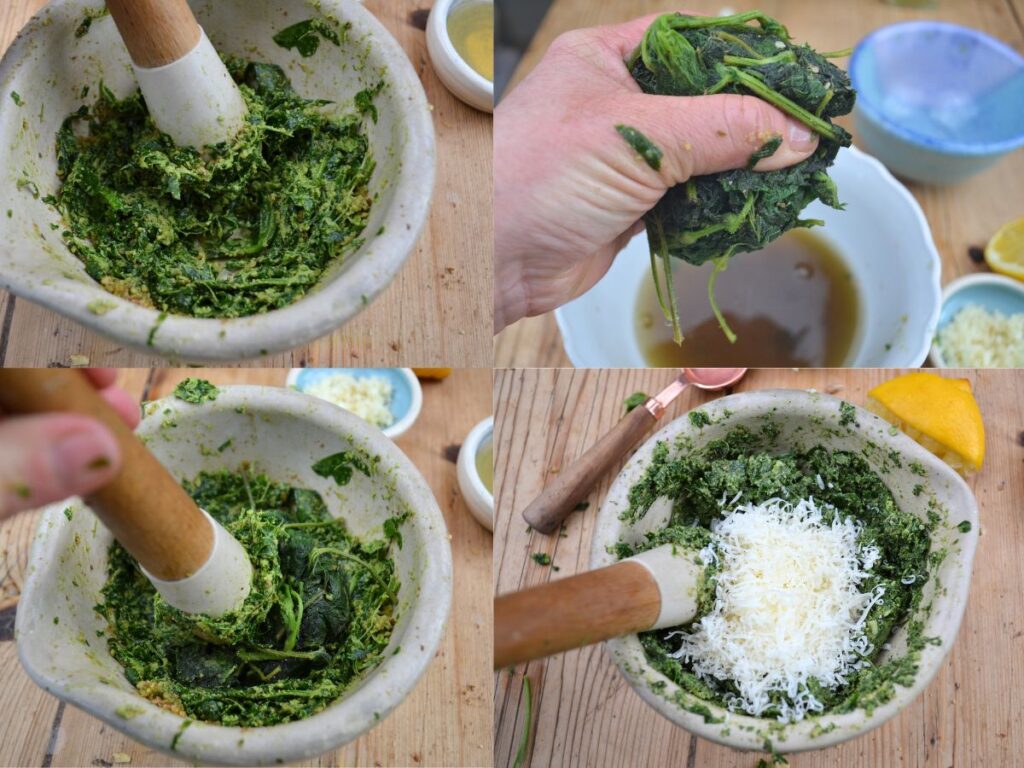 Ponding Nettles and wild garlic in a mortar and pestle for a pesto.