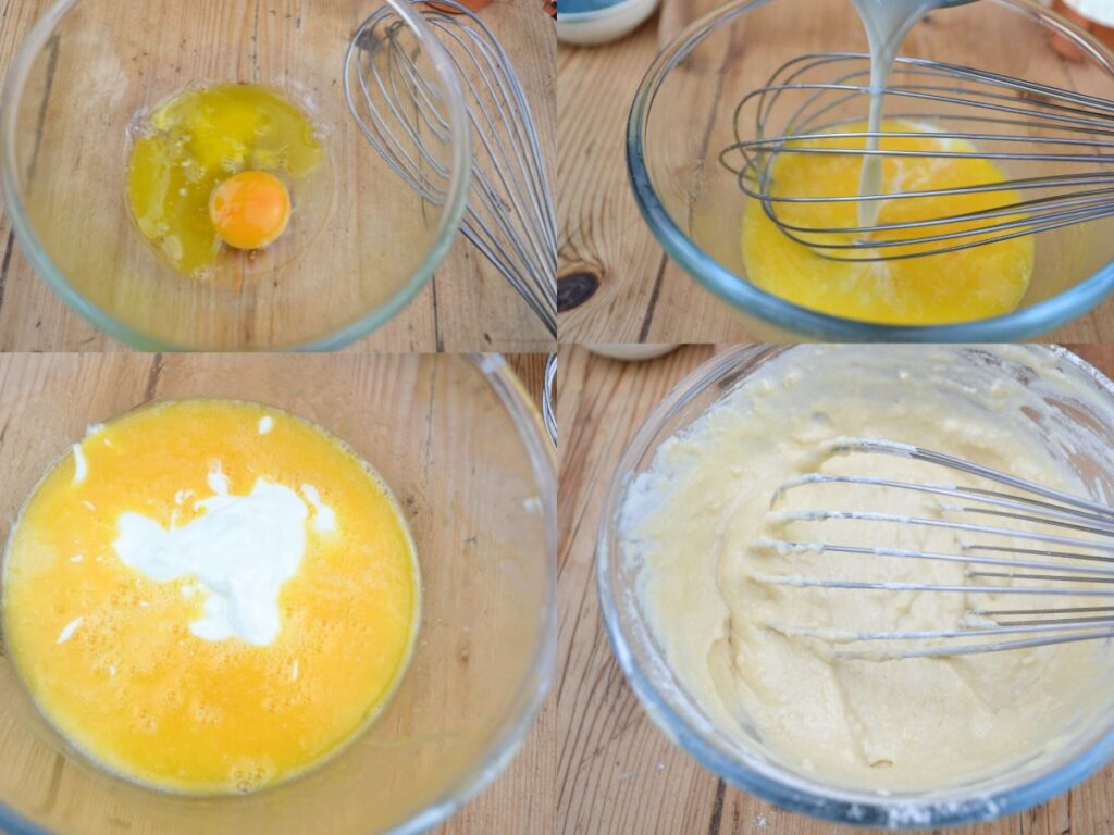A mixing bowl with an egg, melted butter, milk, and yoghurt.