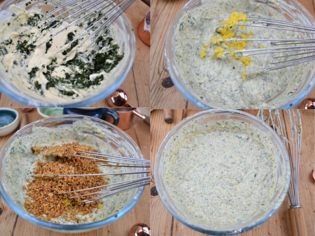 A Nettle Pancake batter in a mixing bowl with nettles, lemon, and nuts.