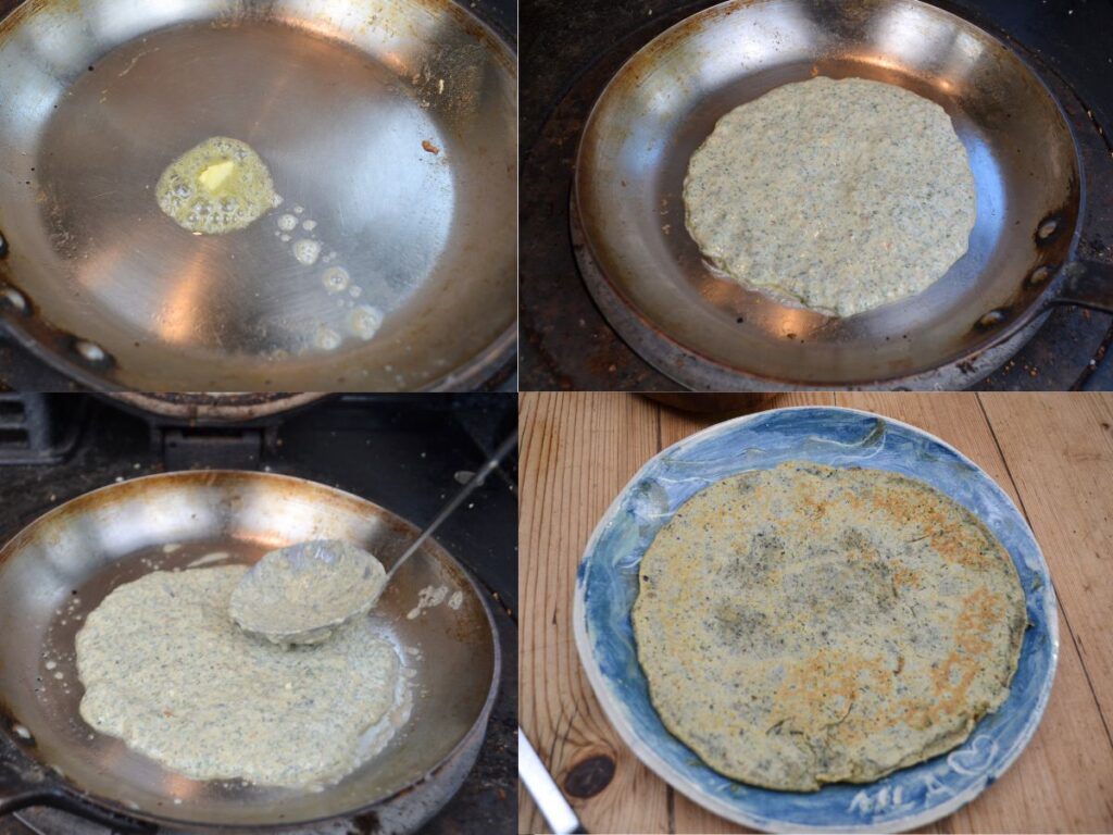 Nettle Pancakes cooking in a copper pan.
