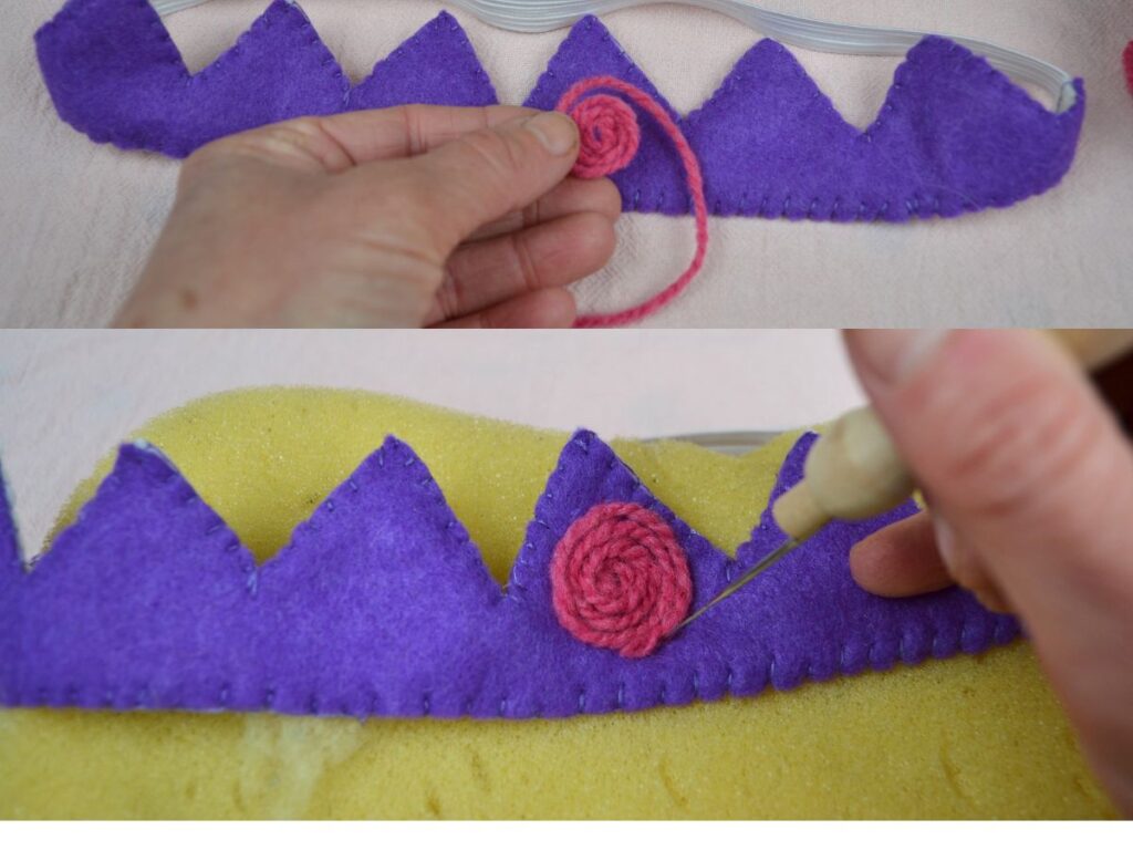 Needle felting wool to a felt crown.