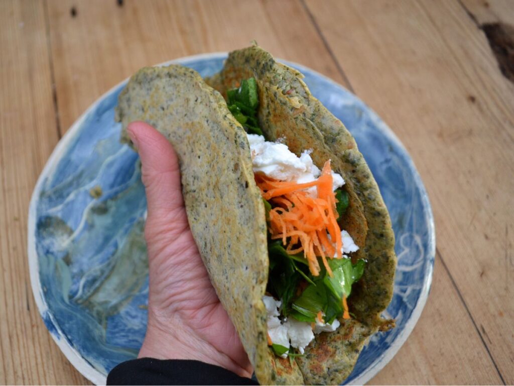 A Nettle Pancake filled with salad.