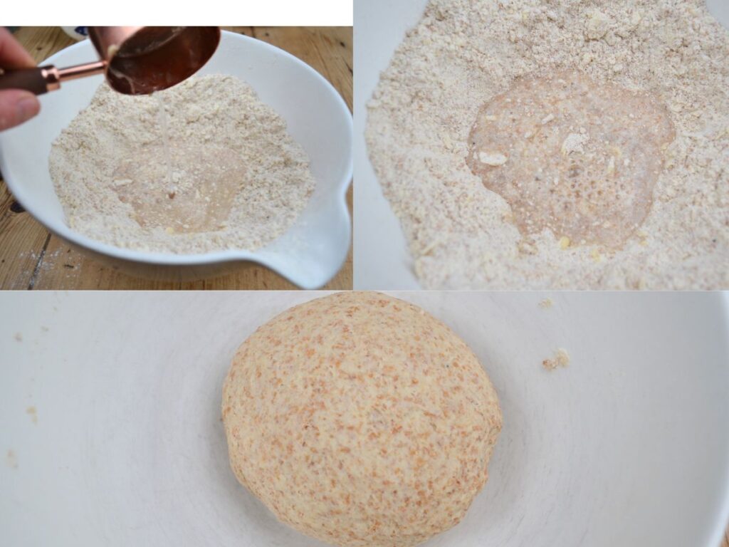 water being poured into a bowl of flour to make a smooth ball of dough.