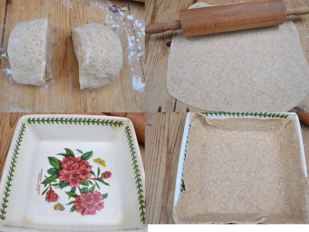 a dough cut in half, and a rolling pin rolling out a pastry.