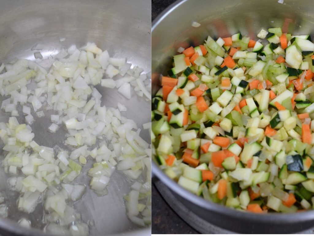 onions in a pan and lots of vegetables in a pan.