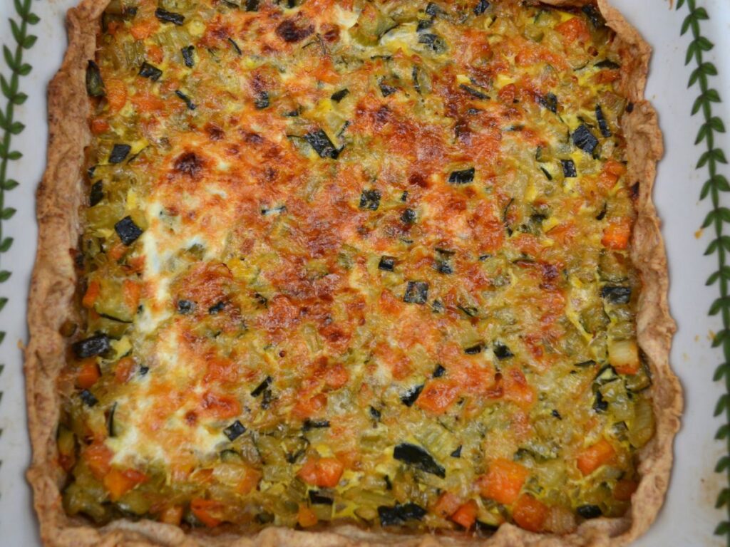 Summer wholemeal spelt crust vegetable tart.