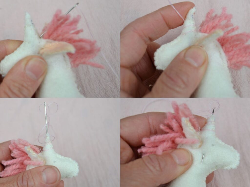 Decorating the horn of a Felt Unicorn with a spiral thread.