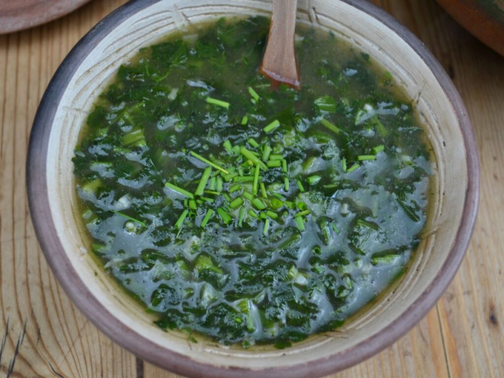 A bowl of Miso Nettle Soup.