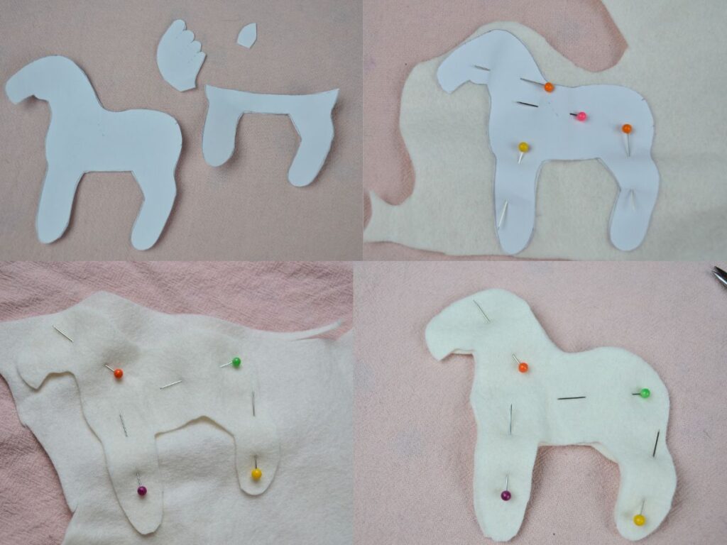 paper pegasus pattern, pin to the felt, and a felt pegasus piece with pins.