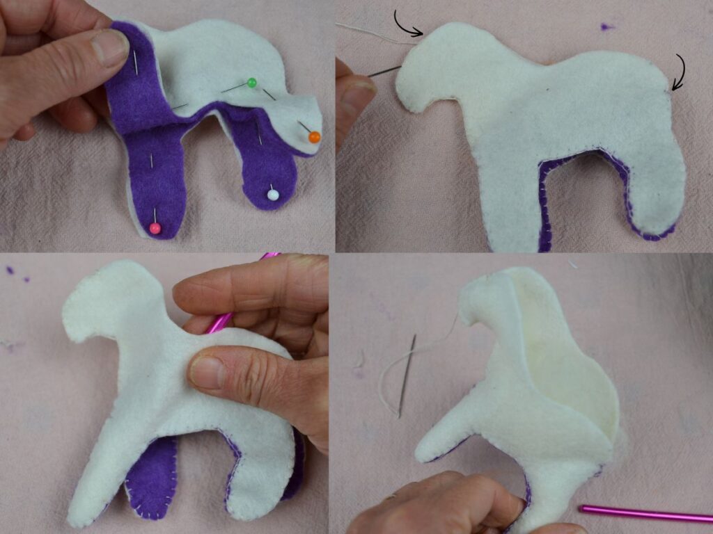 Felt pegasus pieces, pin and sew together, and stuff it with wool.