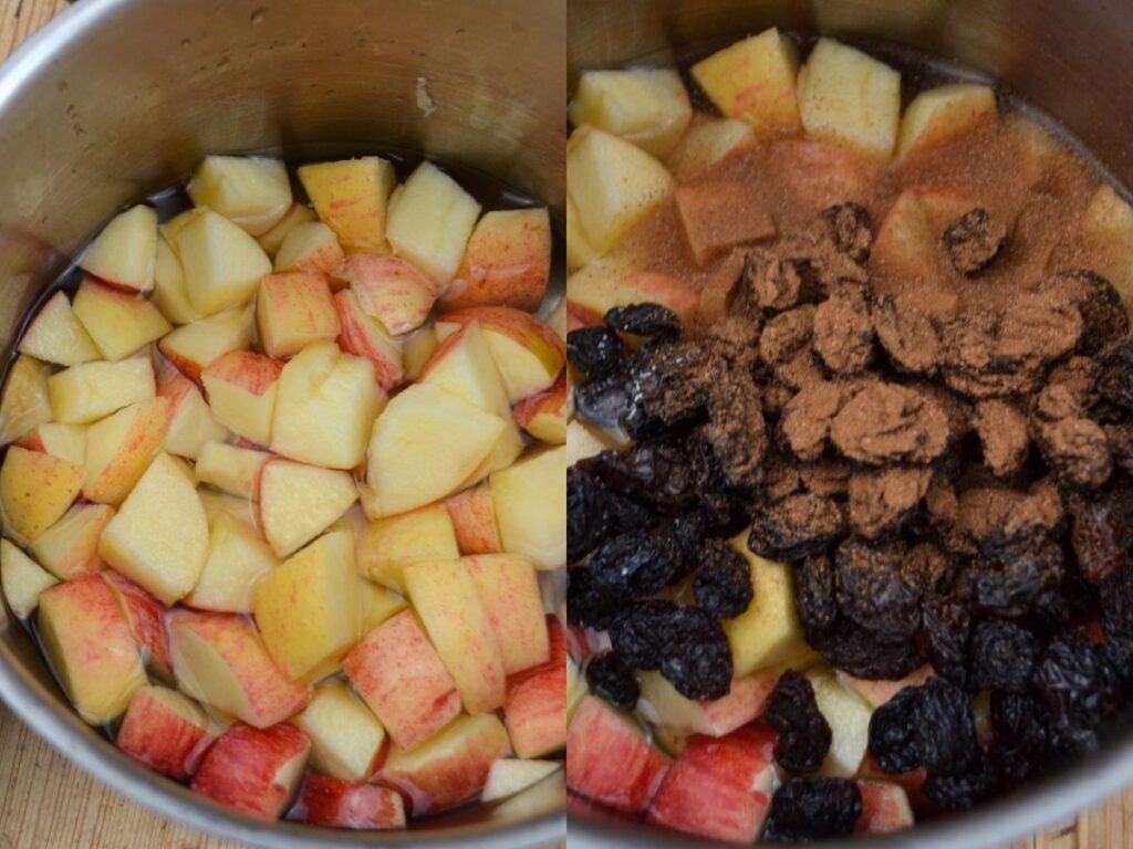 Pieces of apples in a saucepan with water, cinnamon, and raisins.