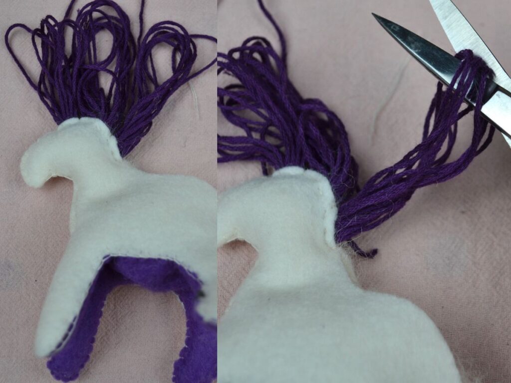 Cutting the loop of the embroidery thread.
