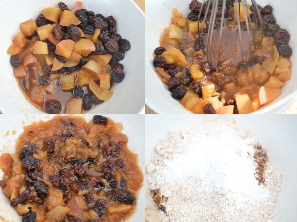 Cookes apples and raisins in a bowl, and with spelt wholemeal flour.