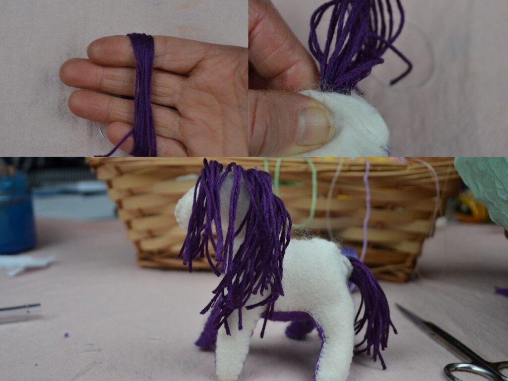 Making the tail of a felt pegasus.