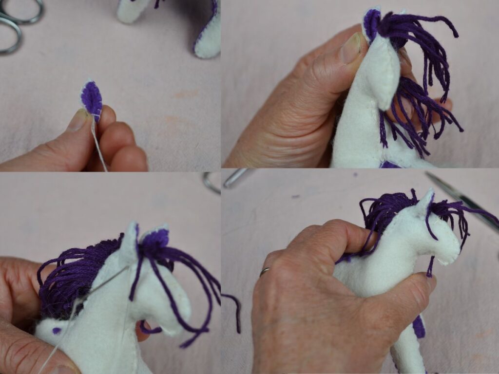 Sewing the ears of felt pegasus.