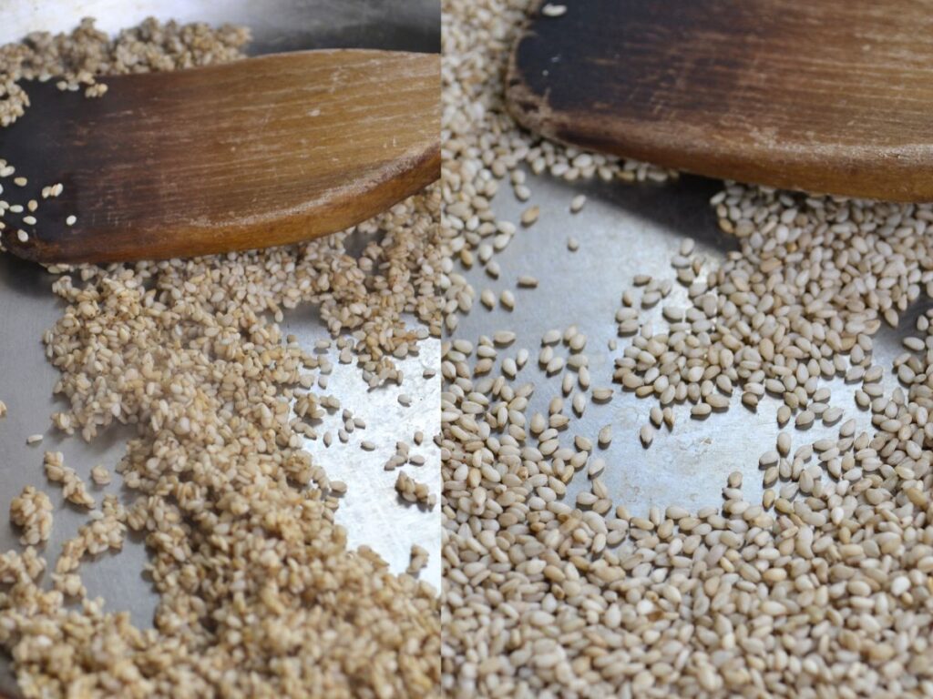 Sessame seeds being toasted in a pan