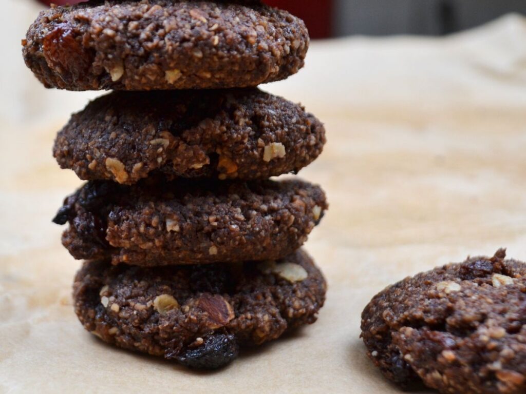 Millet chocolate cookies in a pile.