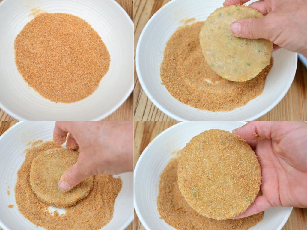 Passing a Chickpea Schnitzel in breadcrumbs.