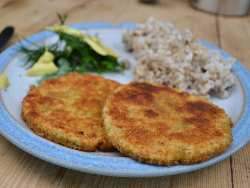 A plate with 2 Chickpea Schnitzels, a salad, and brown rice.