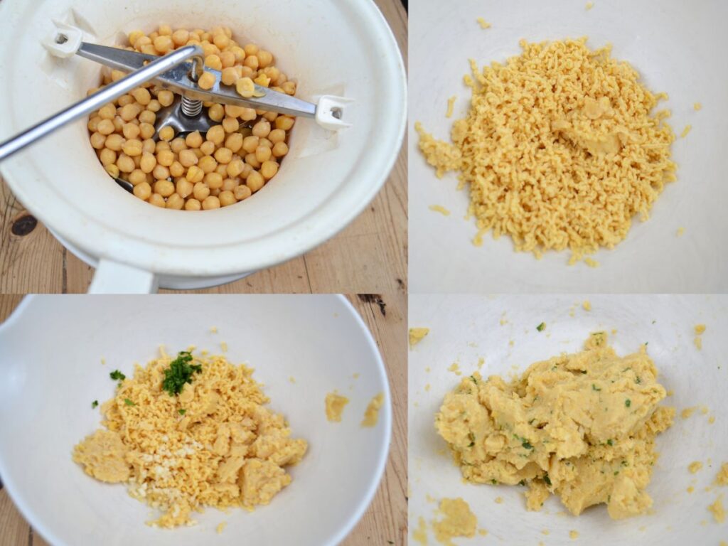 Chickpeas in a food mill and chickpeas paste with herbs.