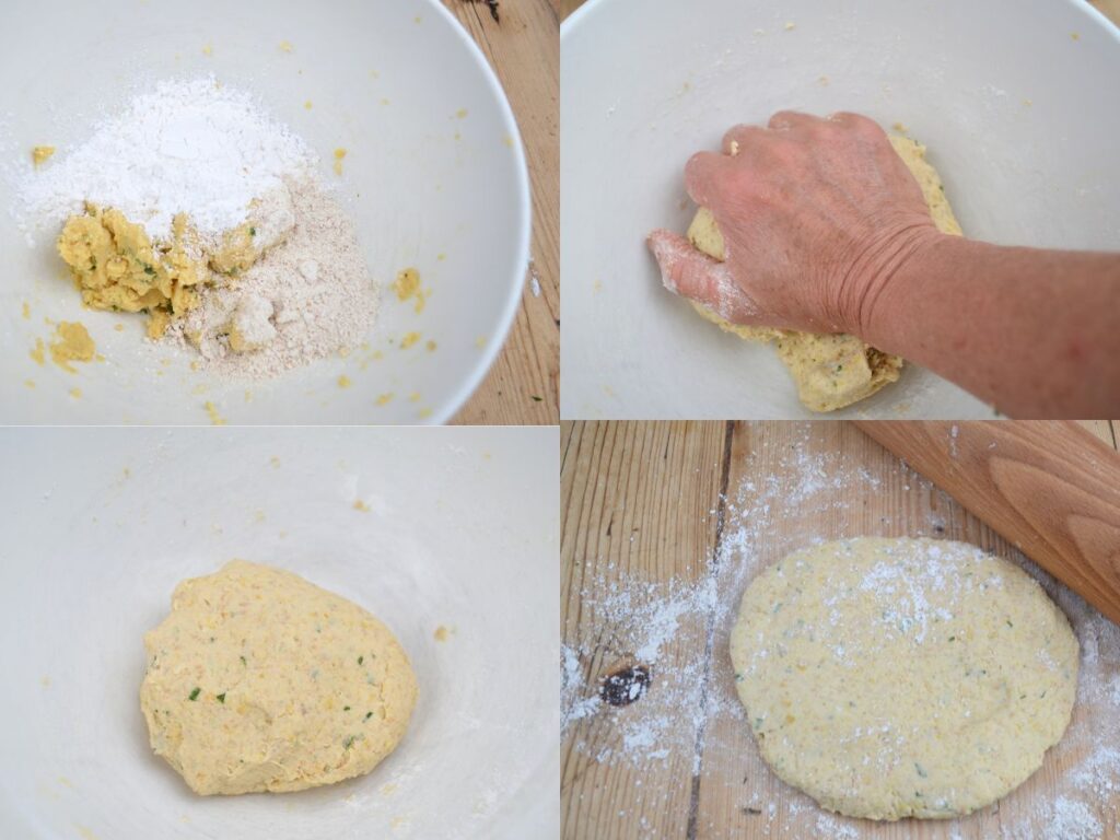 Chickpea paste with flour and kneading the chickpea dough.