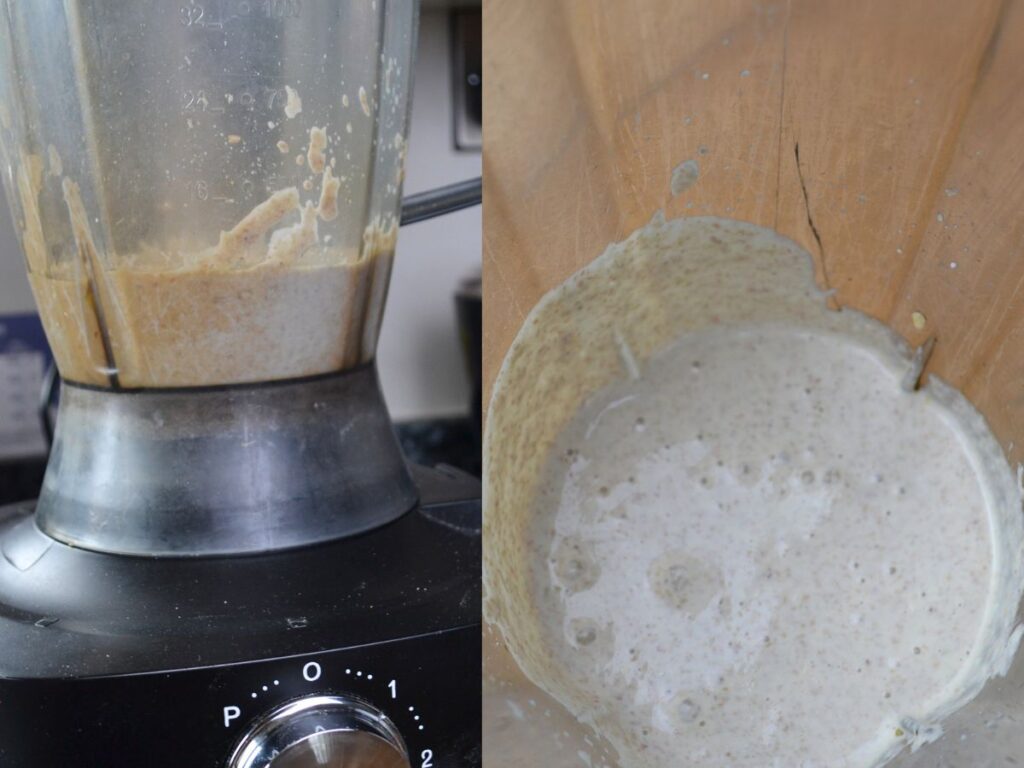 buckwheat in a blender, and buckwheat crêpes batter in a blender.