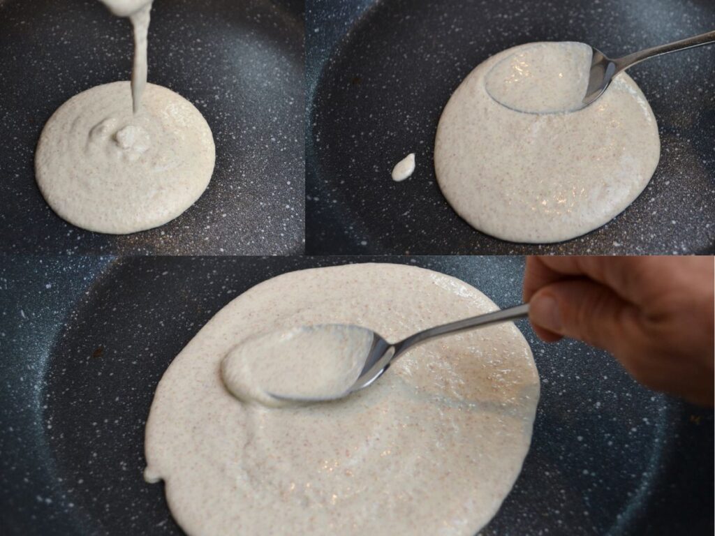 Buckwheat crêpes in a pan.