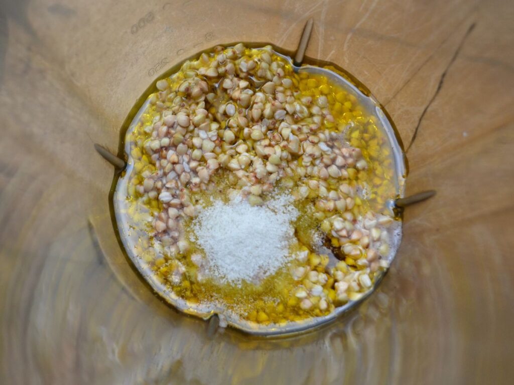 Buckwheat, salt and oil in a blender.