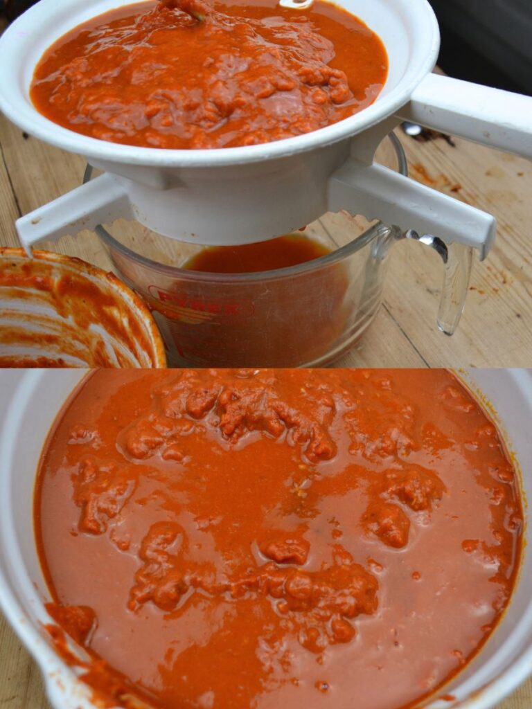A food mill with rosehips over a measuring jug and a bowl with rosehip puree.