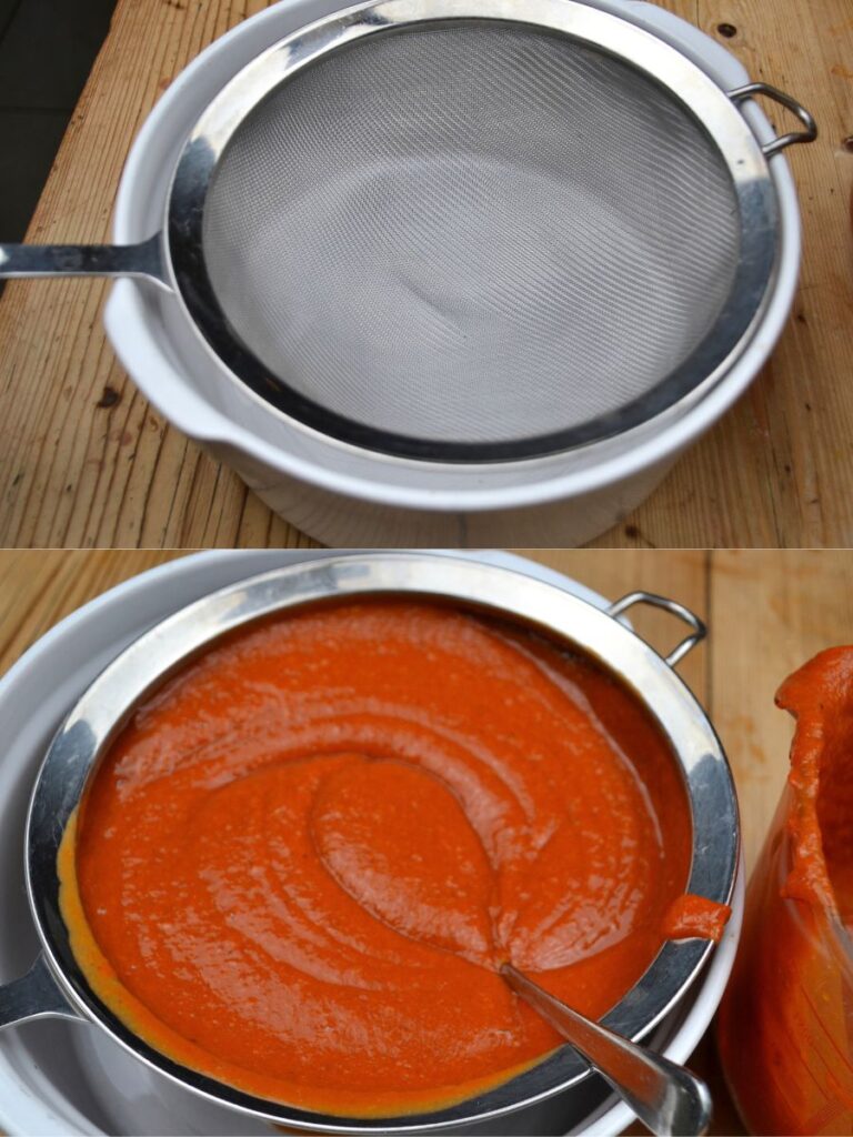 A sieve over a bowl and a sieve with rosehip puree.