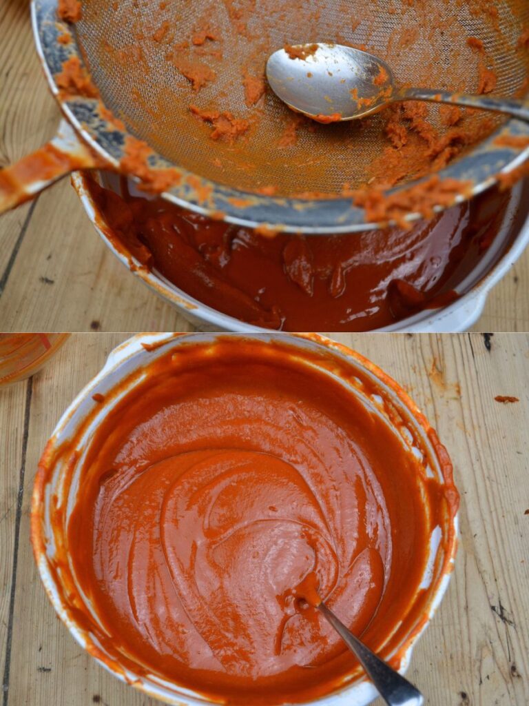 A sieve on top of a bowl of rosehip puree, and a bowl of rosehip puree.