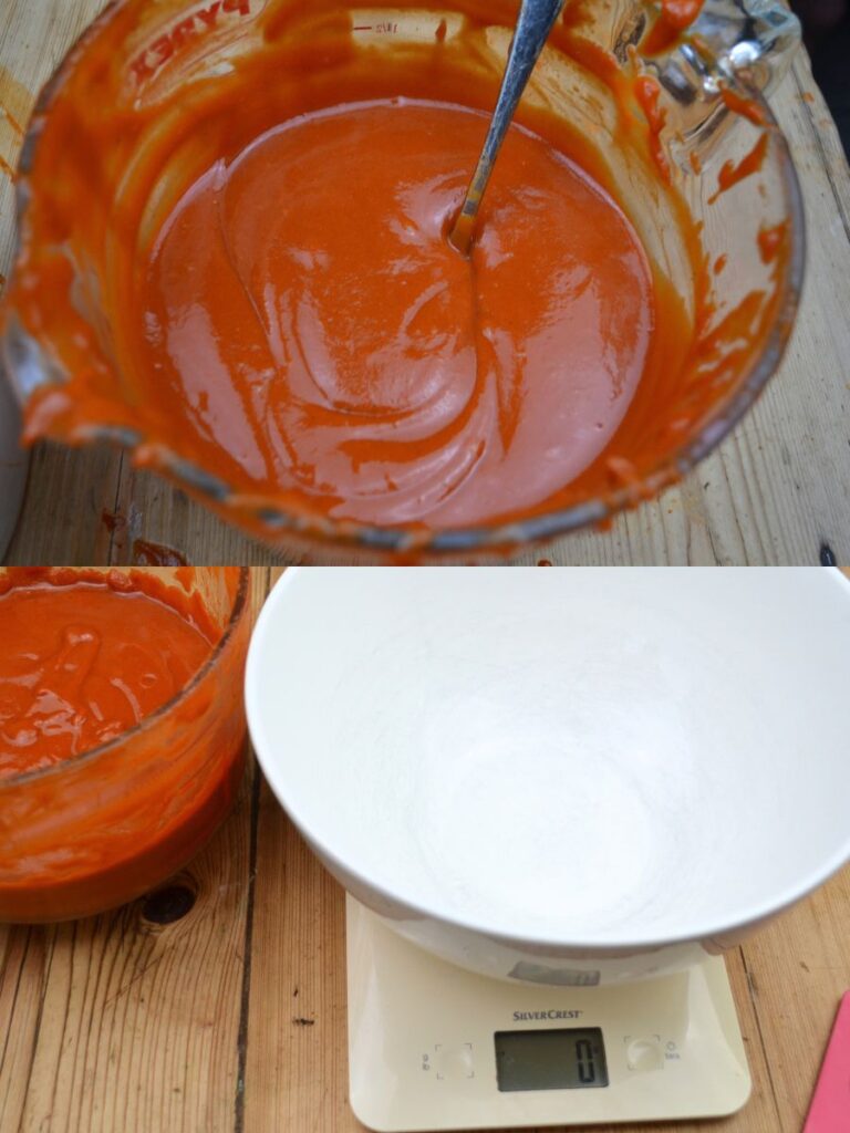 A bowl with rosehip puree and a bowl on a scale.
