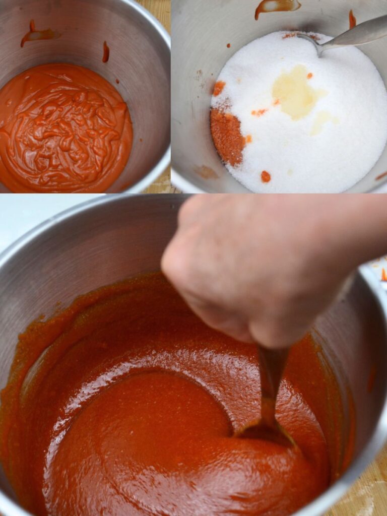 A pot with rosehip puree, the same pot with rosehip and sugar, and a hand mixing rosehip jam.