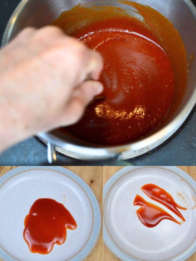 A hand mixing a pot of rosehip jam, and 2 pictures of a plate with some rosehip jam.