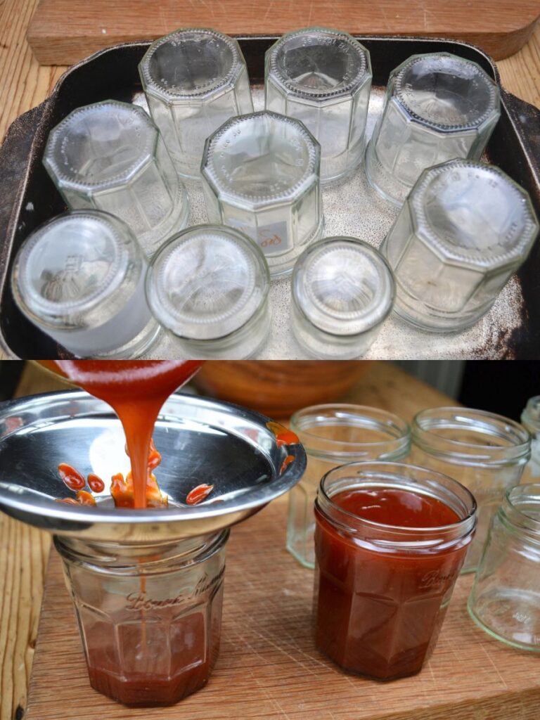 Empty upside-down jars on an oven tray, and a spoon pouring rosehip jam into a jam jar.