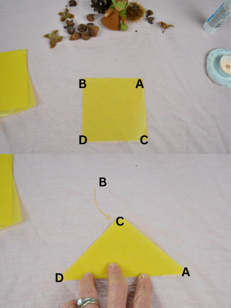 A square of kite paper with letters on the corners and a triangle of kite paper.