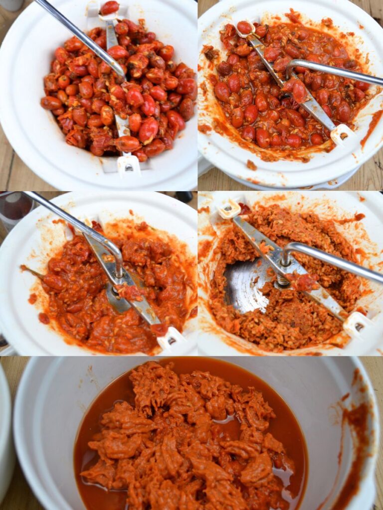Small pictures showing a food mill pressing rosehips.