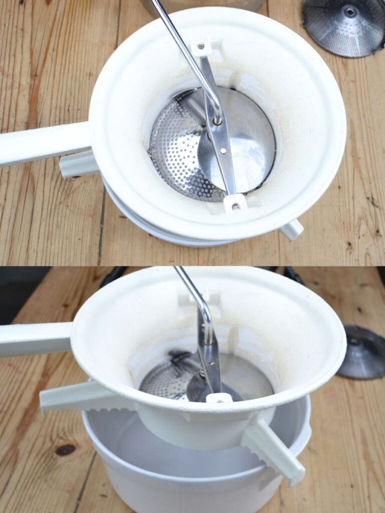 Two pictures of a food mill, one from the side and one from above.